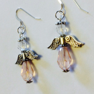 Pink Angel Earrings, Handmade Beaded Chrystal and Silver Angel Earrings, Angel Charm, Christmas Jewelry, Confirmation Gift, Godmother Gift