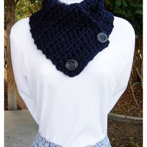 Solid Dark Navy Blue NECK WARMER SCARF Buttoned Cowl with Black Buttons, Men's, Women's Thick Winter Crochet Knit, Ready to Ship in 3 Days