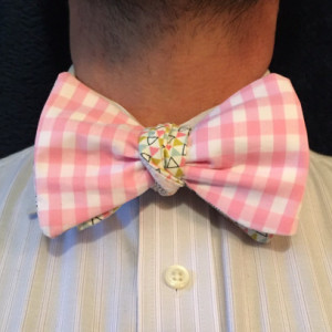 Pink bow ties, gingham bow ties, geometric designs, reversible bow ties, self tie bow ties, magnet tie, wedding accessories, pink gingham,