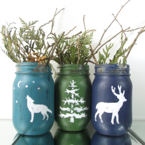 Woodland Decor, Hand Painted Mason Jars, Set of Three Jars