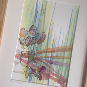 Original Abstract Watercolor Green and red lines with flower line drawing of violets in handmade solid wood maple frame