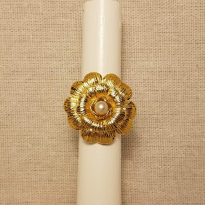 Authentic Iconic Designer Button Ring, Pearl and Gold Flower,  Insignia Ring Classic Designer Up-cycled Button Jewelry, Adjustable ring