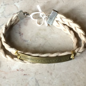 Beige/ natural color braided leather bracelet with bronze tone plate connector said "Where there's a will there's a way"& heart claps B00244