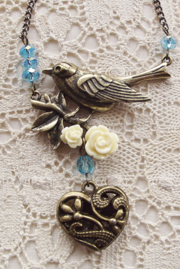 Victorian Bird Necklace with Roses and Dangling Heart
