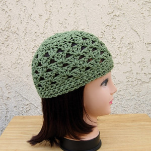 Solid Olive Green 100% Cotton Lacy Summer Beanie, Women's Men's Lightweight Hat, Chemo Cap, Crochet Knit Lace Skull Cap, Ships in 3 Biz Days