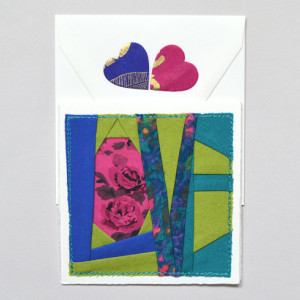 Fabric LOVE card -- handmade patchwork stitched greeting card