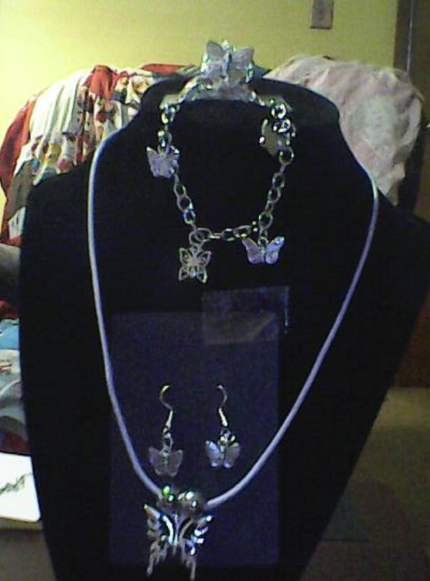Homemade Butterfly Jewelry Set Ring, Necklace,  Charm Bracelet, Earrings Silver in Color