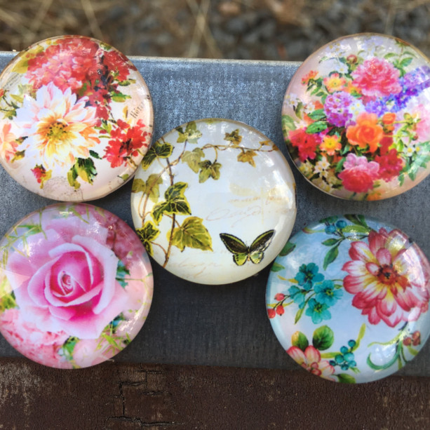 Floral Magnet Set (Set of 5)-glass dome- roses, violets, Kühlschrank, Цветы, magnete, aimant,magneet, magnético, imán, maighnéad,магнит