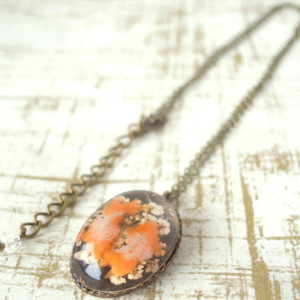 Necklace Orange Color Goldfish and Dry Flower Cabochon Asian Oriental Handmade