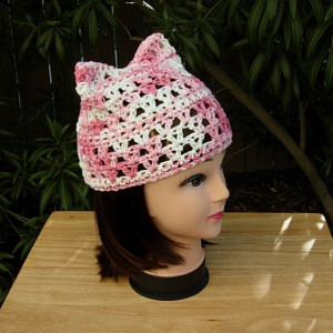 Women's Summer Pussy Cat Hat, Light Pink & White PussyHat, 100% Cotton Lightweight Lace Crochet Knit Thin Warm Weather Beanie, Ready to Ship in 2 Days