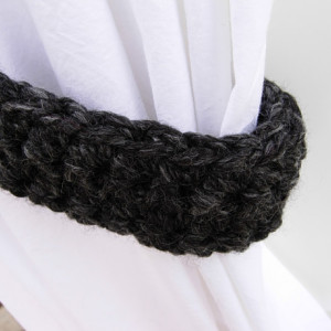 One Pair of Dark Charcoal Gray Curtain Tie Backs, Grey and Black Drapery Tiebacks, Thick Wool and Acrylic Blend, Basic, Crochet Knit, Ready to Ship in 3 Days
