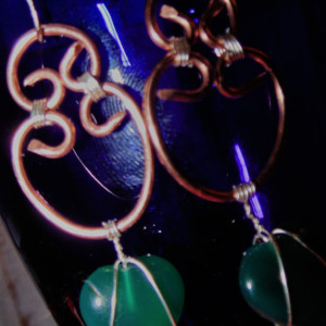Drop Earrings, Wire Wrapped, Natural Copper and Sterling Silver with Agate Hearts