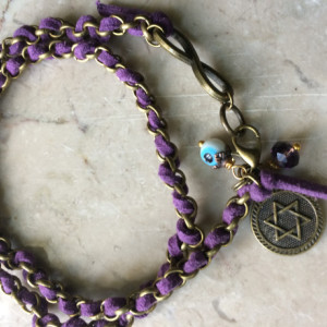 Purple leather/Bronze chain bracelet,Infinite link, evil eye charm, start of david charm. #B00247
