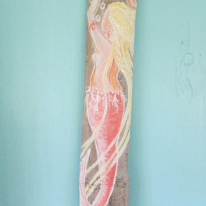 2 Hand Painted Coral Mermaids On Driftwood bathroom wall decor 