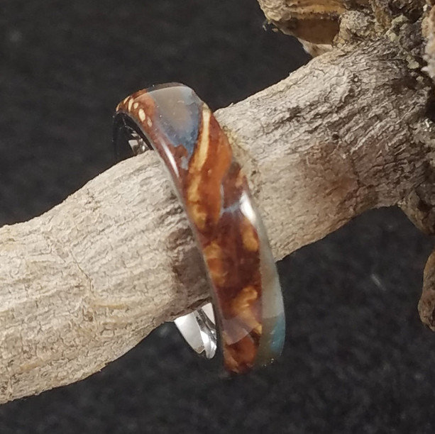 Size 7 Stainless Steel ring with burl wood and silvery grey resin make this a great looking ring. 5mm wide
