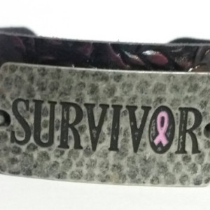 Pink Ribbon Cancer Survivor Cuff Bracelet, Embossed Leather Cuff Bracelet, Cancer Hope Bracelet