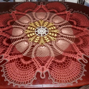 Stunning Real Handmade Crochet Tablecloth Doily, "Reacock Tail", Round, 47", BROWN/YELLOW colors, 100% Cotton