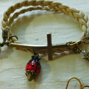 Natural suede leather braided bracelet with bronze tone Cross and charms #B00213
