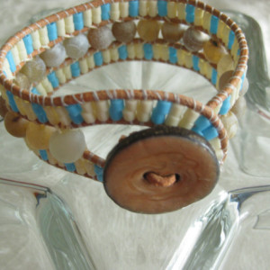 Leather beaded cuff bracelet in Tan Wrap bracelet, designer look
