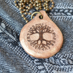 Tree of Life Pendant Handcarved Wooden Necklace with Elder Futhark Runes - Pyrography - Pagan - Asatru - Viking - Norse