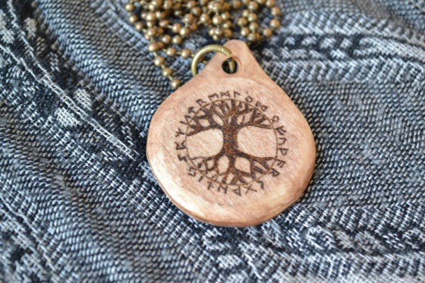 Tree of Life Pendant Handcarved Wooden Necklace with Elder Futhark Runes - Pyrography - Pagan - Asatru - Viking - Norse