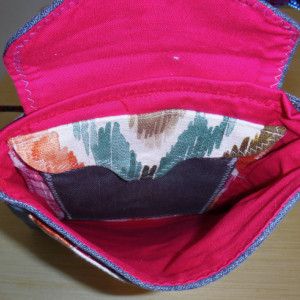 Tropical scene shoulder bag, side bag, recycled denim
