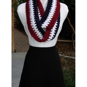 Red, White, and Blue INFINITY SCARF, Skinny Loop Cowl, Narrow Long Lightweight Winter Crochet Knit Striped, Very Soft, Patriotic Fourth of July, Ready to Ship in 2 Days