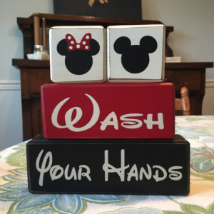 Mickey Mouse Minnie Mouse bathroom decor kids bath wash behind your ears, wash your hands stacking wood blocks distressed blocks disney bath