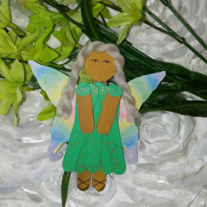 Green Sparkle with Rainbow Wings Wood Pixie Charm / Hanging Pixie Art / Gift for Girl / Gift for Angel Lover