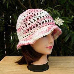Light Pink & Off White Summer Beach Sun Hat, 100% Cotton Lacy Women's Crochet Knit Striped Beanie, Bucket Cap with Brim, Ready to Ship in 3 Days