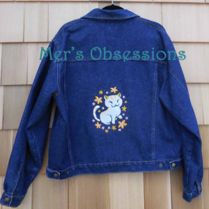 Women's Denim Jacket with Embroidered Asian Cat