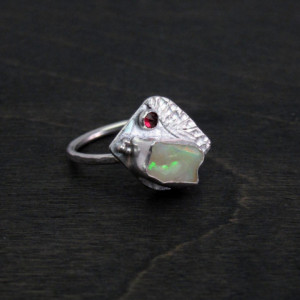 One Carat Opal Garnet Accent Recycled Sterling Silver Bird Ring Engagement Ring Size 7 Ready to Ship