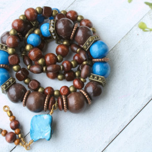 Blue and Brown Wooden Bead Necklace, Natural Beads Necklace, Earthy Necklace, Bohemian Necklace