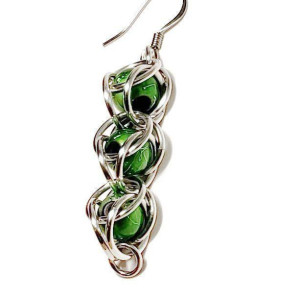 Green dangle earrings / chainmaille / Captured bead / Halloween Jewelry