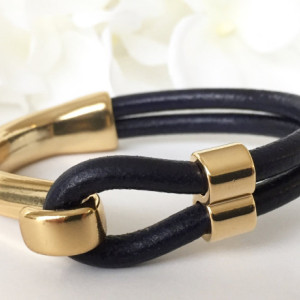 Navy Blue Leather Gold Half Hook Clasp Bracelet