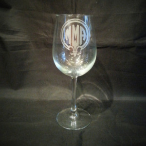 Fleur De Lis Monogram Wine Glass, Round Monogram, Etched Glassware
