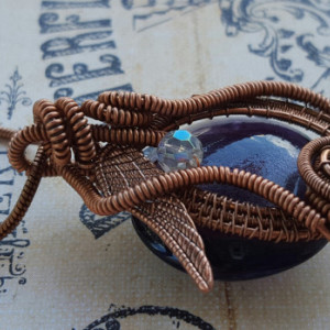 Wire Wrapped Steampunk Copper Pendant with Purple Foil Glass Bead