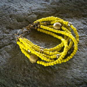 African jewelry, Tribal beaded bracelet, Yellow beaded bracelet, Ethnic bracelet, African trade bead bracelet,  Chunky yellow bracelet, gift