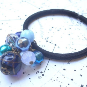 Hair Elastic Navy Color Lampwork Beads Inspired Space Starry Sky Galaxy Blue Hair Accessory Jewelry Cosmo Space Planetarium zodiac
