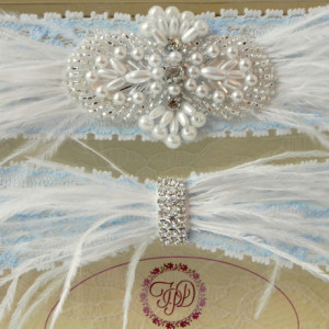 Blue Lace Garter Set with Rhinestones & Ostrich Feathers