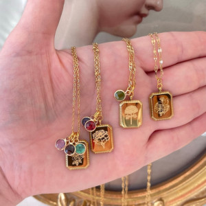 GOLD Vintage Birth Month Flower Necklace Birthstone Necklace Square Zodiac Rose Floral Pendant Jewelry WATERPROOF Birthday Gift for Her