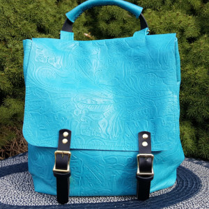 Leather backpack purse turquoise color with adjustable shoulder straps