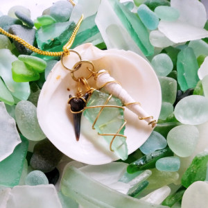 Sea glass, shell, and shark tooth charm necklace with gold wire, green sea glass, sea glass necklace, seashell necklace, charm necklace