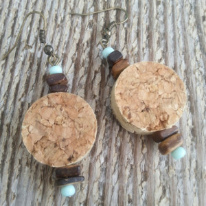 Wine Cork, Wooden bead & Light Aqua Earrings