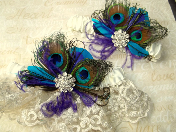 WEDDING GARTER SET, Lace Bridal Garter, Peacock Garter set,  Wedding Garters, Blue Green Purple Teal, Garter Toss Set, Bridal Garters