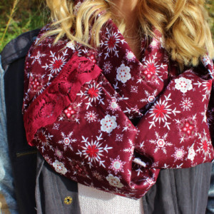 Cranberry Winter Wonderland Snowflake Infinity Scarf Accented with a Red Lace Cuff Loop, Holiday Women's Loop Scarf