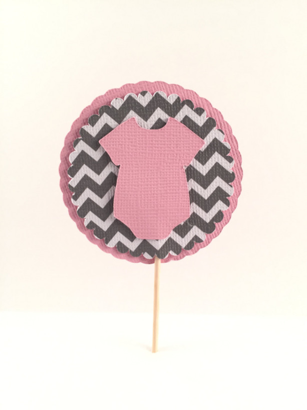 Pink & Gray Chevron Onesie Cupcake Topper - Set of 12