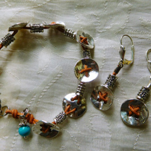 Natural leather and silver tone buttons, silver tone beads bracelet,  and earring matching set design.  #BES00115
