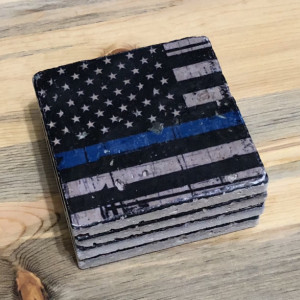 American Flag with Blue Line Natural Stone Coasters, Set of 4 with Full Cork Bottom