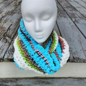 Long infinity scarf, Women's scarf, Crocheted from recycled fibers, Multicolored, Sustainable accessories, Soft and snuggly, OOAK